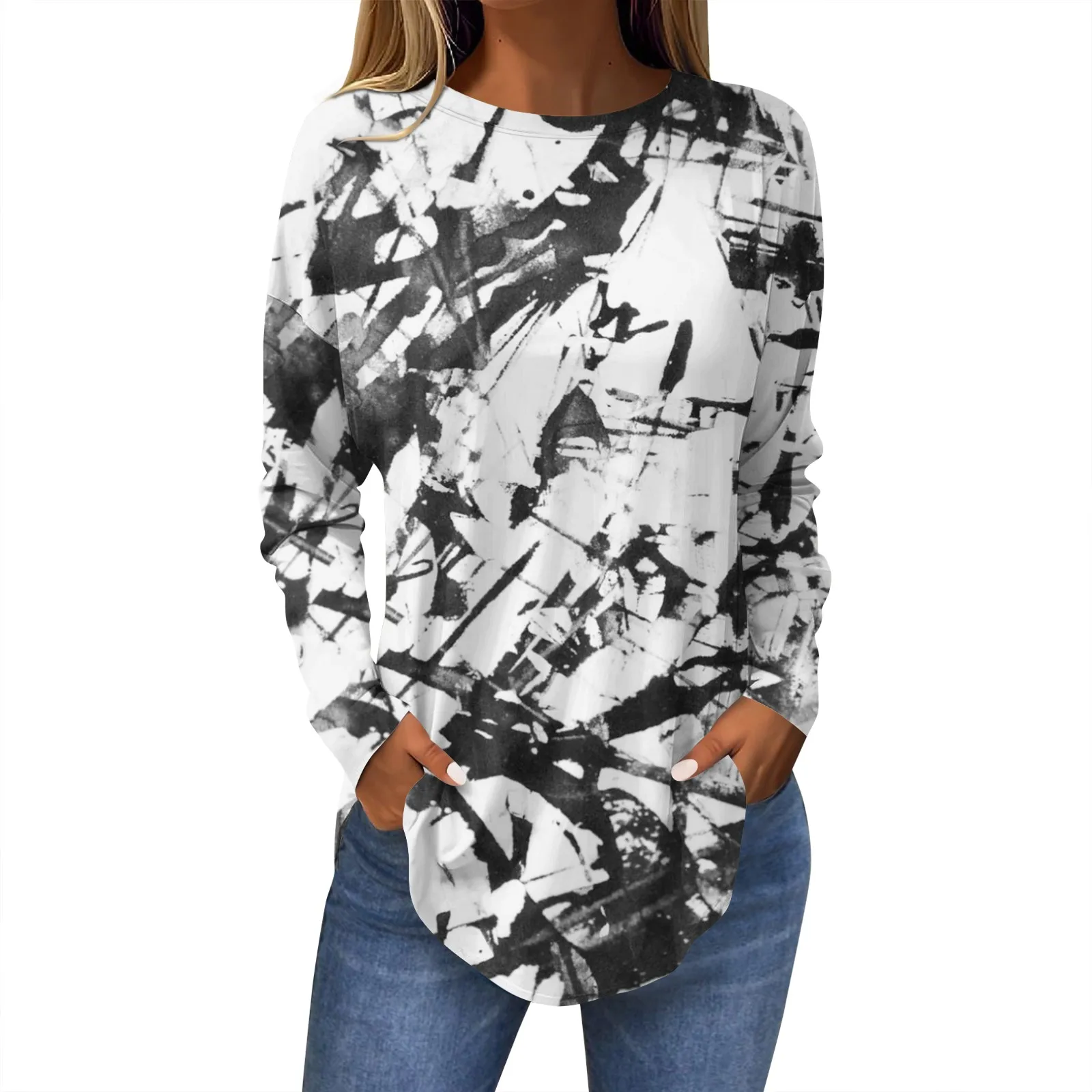 Женский топ с длинным рукавом круглым вырезом и принтом