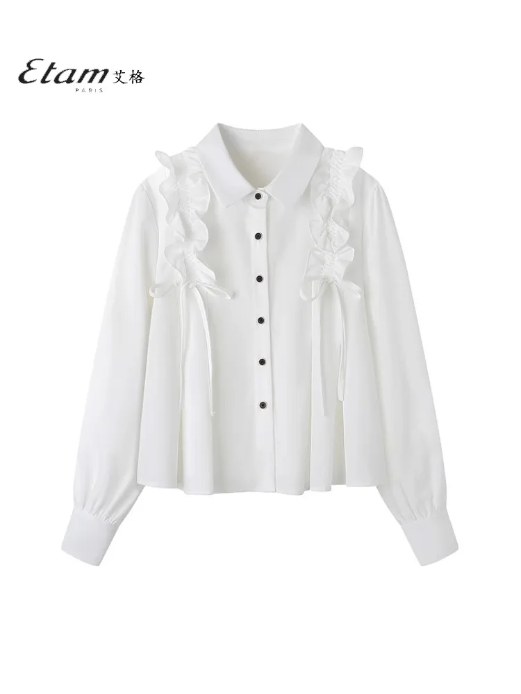 Aige Etam Shirts Women 2024 New Spring and Autumn French sle White Long sleeve Design Sense Leisure Top Blue