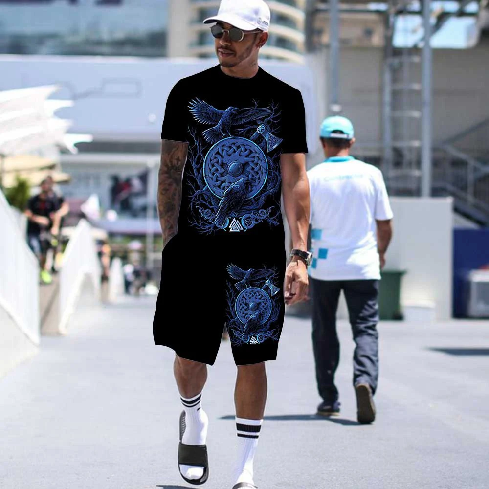 

2022 Summer Fashion Men Casual Sports Short Sleeve T-shirt Suit Elastic Waist Basketball Shorts 2Pcs Comfortable Breathable Set