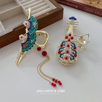 chinese designer hairclip colorful enamel fan hair jewelry classic pearl lute hair claw women acessories flower gripper