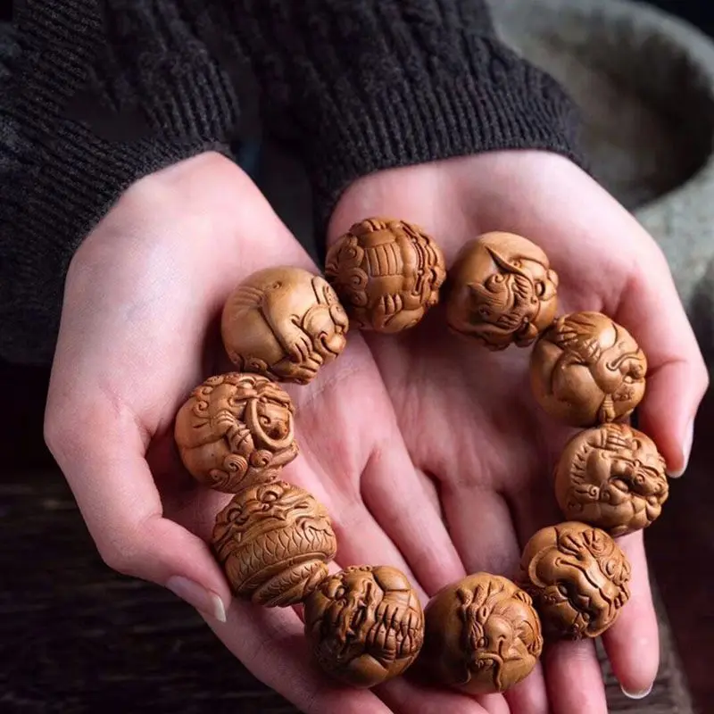 Authentic Indian Old Sandalwood Beads Bracelet Longsheng Jiuzi Beads Handmade Carved Old Materials Sandalwood Beads Bracelet