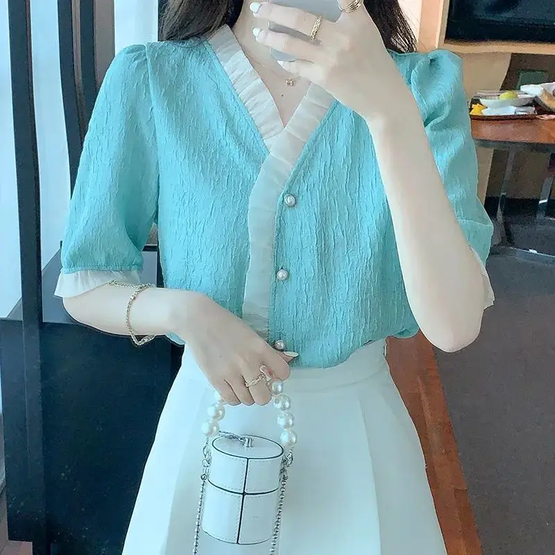 Summer New Patchwork Pleated Shirt Tops V Neck Short Sleeve Solid Color Loose Blouse Fashion Elegant Women Clothing