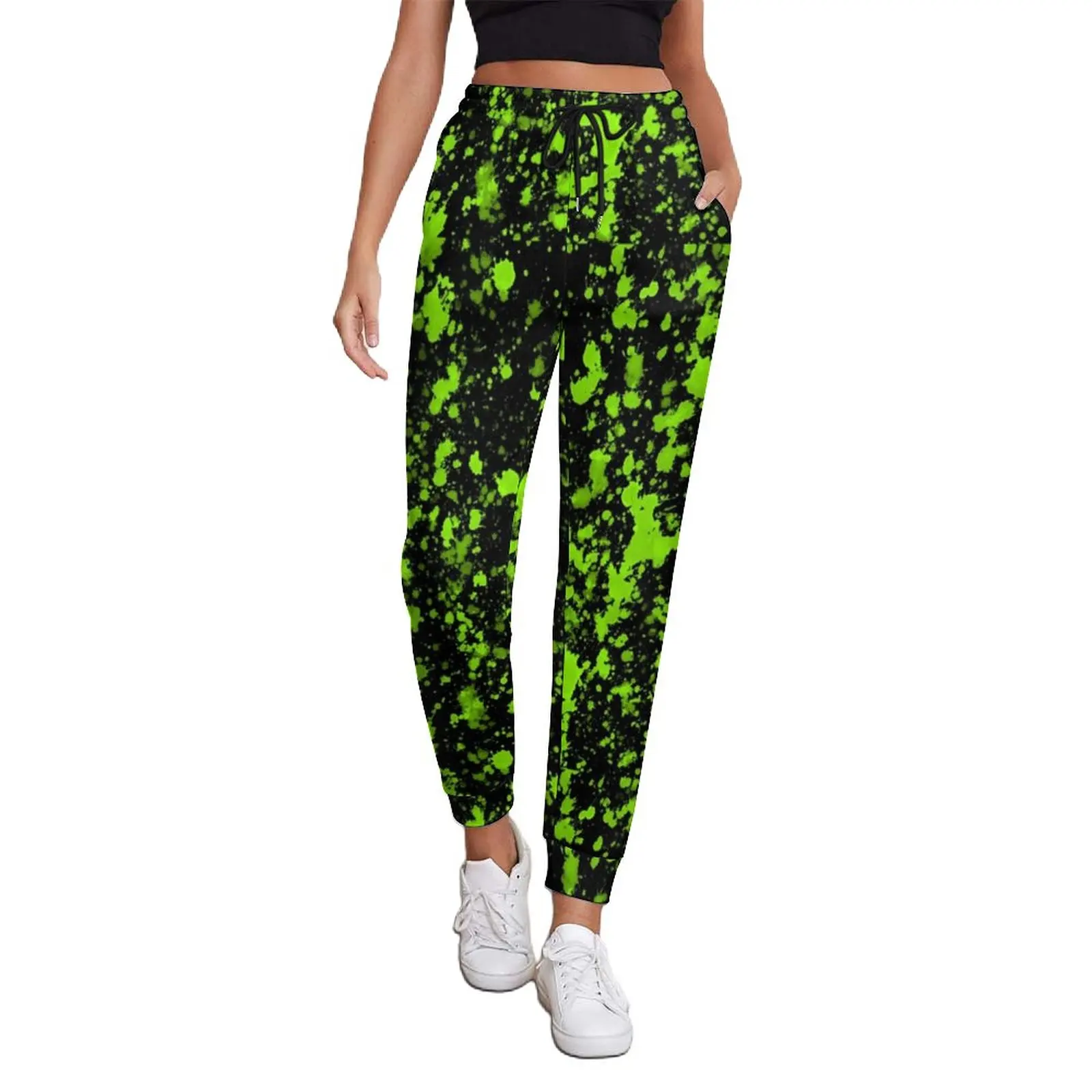 

Green Paint Splatter Jogger Pants Cool Neon Print Casual Oversized Joggers Autumn Women Graphic Aesthetic Trousers