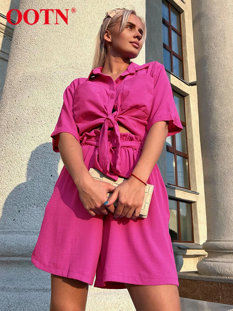 

OOTN Casual Two Pieces Pink Outfit Lapel Short Sleeve Lace Up Top Street Summer Elastic Waist Wide Leg Shorts Sets Women Chic