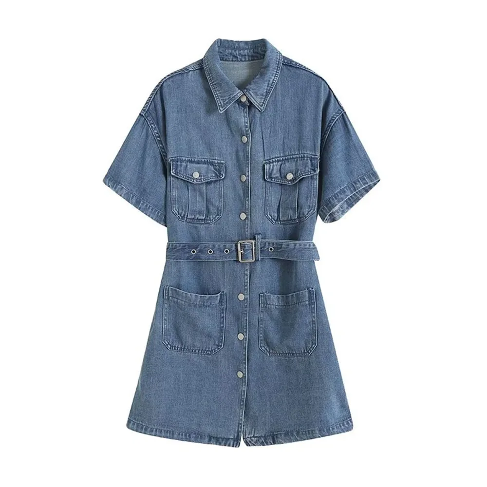 

Женское джинсовое платье с поясом PB & ZA, модное однобортное Плиссированное мини-платье с карманами сзади, лето 2023
