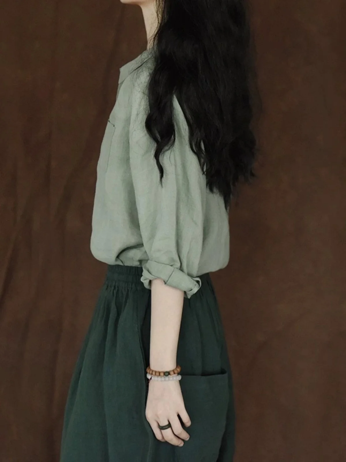 Зеленые рубашки из хлопка и льна в стиле ретро женские летние весенне-осенние