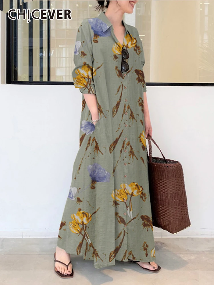 

CHICEVER Повседневное платье с цветочным принтом для женщин, с отворотом, с длинным рукавом, свободная талия, однобортные платья, женская модная...