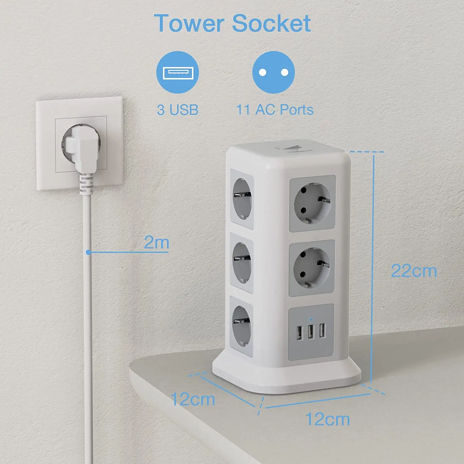 Сетевой удлинитель TESSAN Tower 11 розеток переменного тока с 3 USB-портами 2 м |