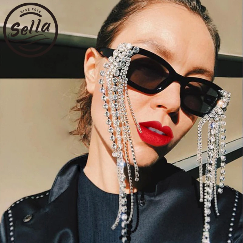 

Sella New European Style Small Square Frame Handmade Diamond Tassel Sunglasses Jelly Color Street Glasses Eyewear