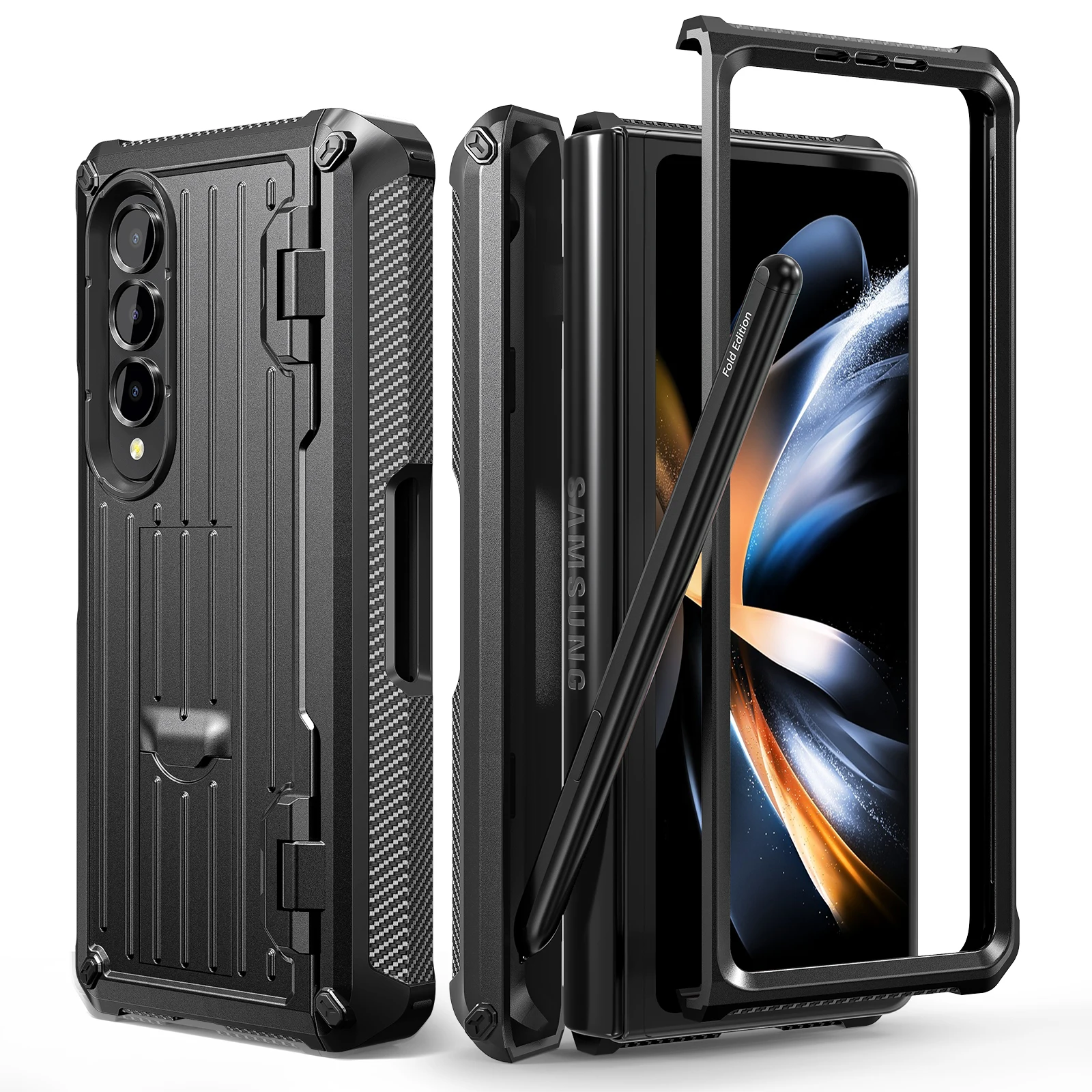 For Samsung Galaxy Z Fold 4 Case Fold 3 Trunk Texture Hard PC Shockproof Cover with S Pen Holder Soft Screen Protector Kickstand