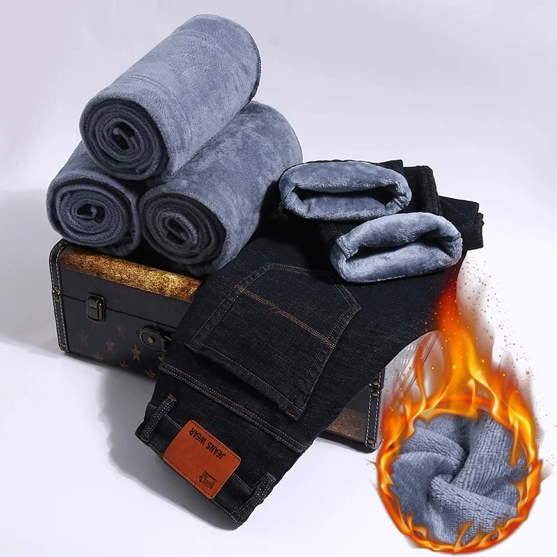 

Зимние новые модные повседневные Высококачественные флисовые эластичные прямые толстые брюки большого стандарта мужские теплые джинсы мужские брендовые 40