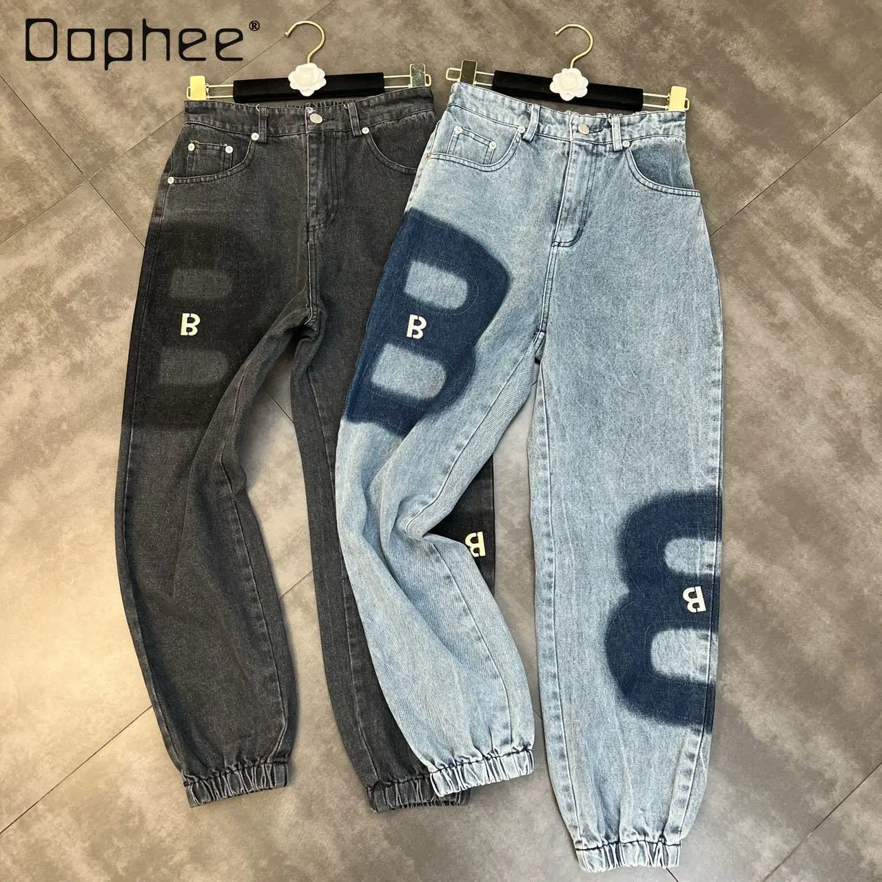 

2022 Spring New Women's Elastic Waist Letter B Pattern Jeans Y2k Baggy Washed Thin Denim Blue Jean Pants High Waisted Feminino