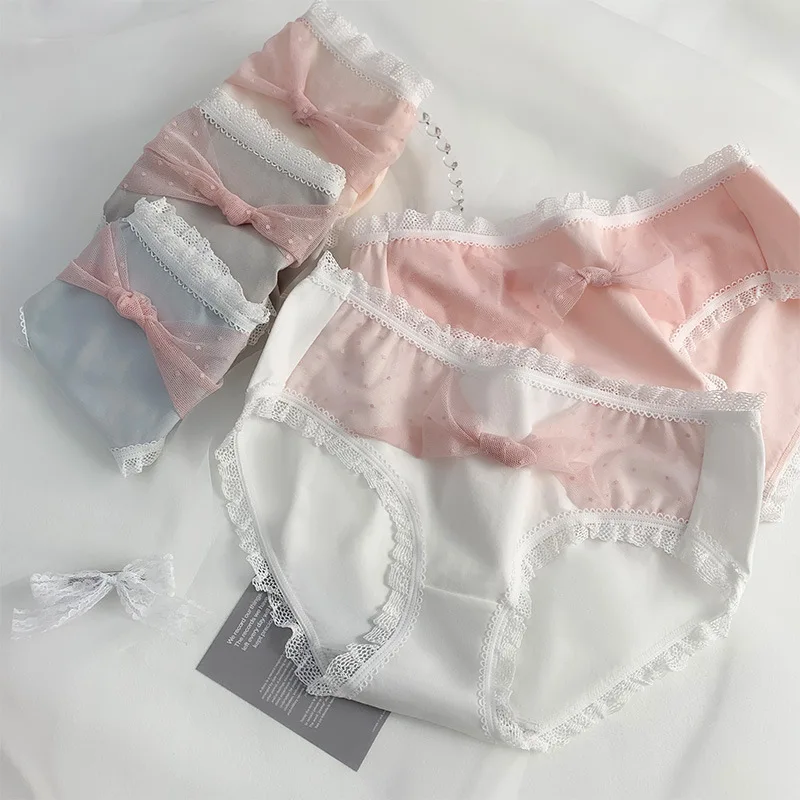 45PCS Women's Class A Baby Soft Cotton Japanese Underpants Female Bow Lace Mid-rise Briefs Breathable Underwear For Girls