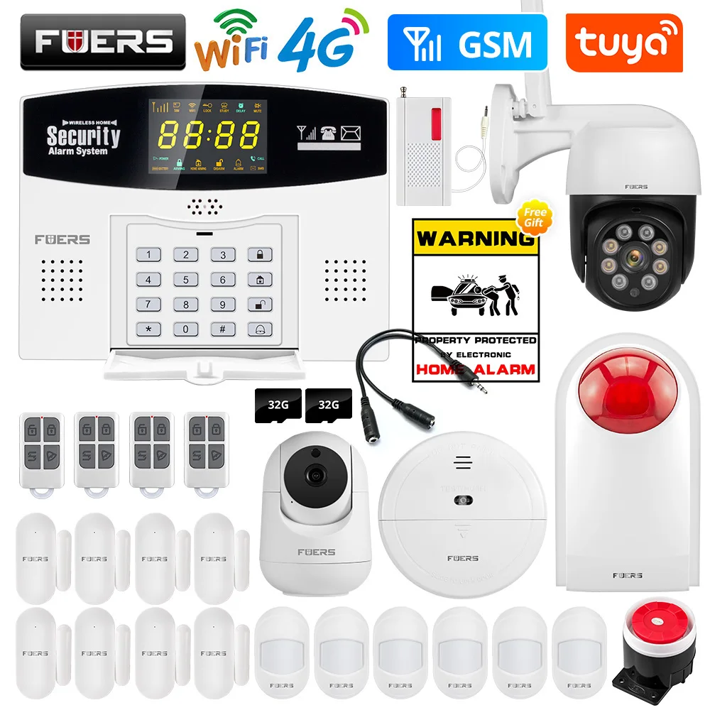Fuers 4G WIFI Tuya Smart Alarm System W214 Wireless Burglar GSM Smart Home Security Alarm Control LCD Display IP Camera