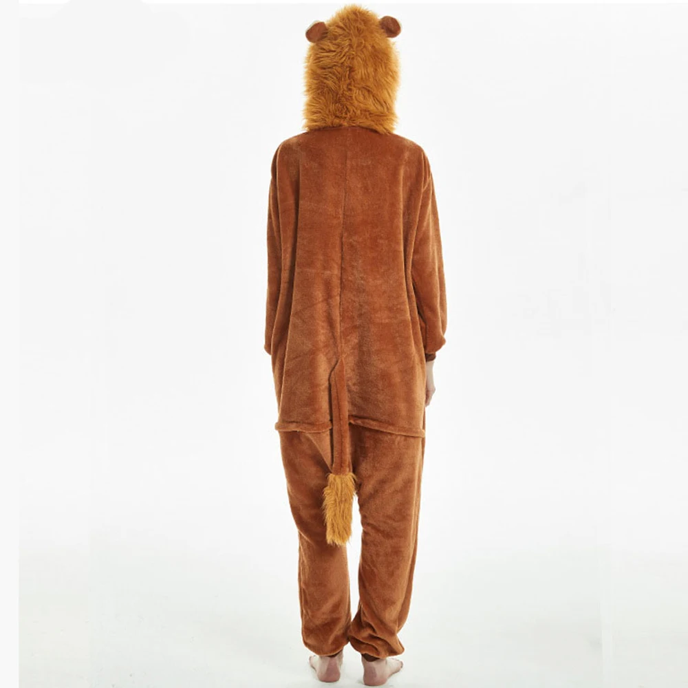 Women Adult Winter Warm One-Piece Garment Polyester Comfortable Thick Hooded Animal Lion Pajamas With A Tail  Cosplay Jumpsuits