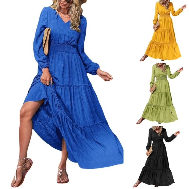 

Винтажное женское летнее платье с длинными рукавами, однотонное платье трапециевидной формы с рюшами и v-образным вырезом,