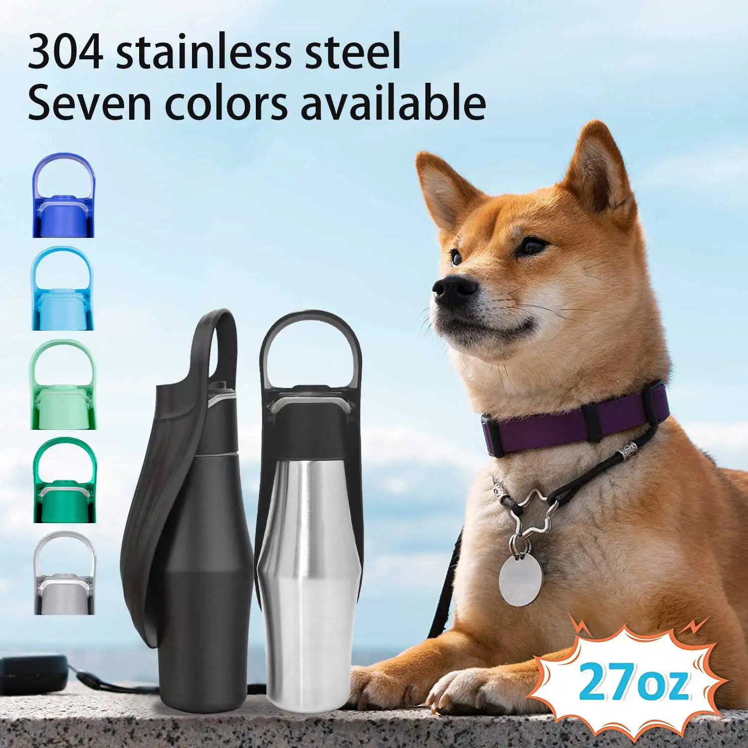 

Dog Water Bottle, Portable Dog Water Bottle Dispenser - 27 OZ Stainless Steel Leak-Proof Water Bottle for Dogs On The Go, Perfec