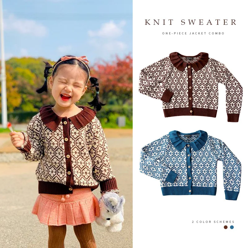 

New Kids Girls Cardigan Sweater 2022 Spring Children's Flower Lapel Sweater European Style Toddler Knit Coat Baby Girls Clothes