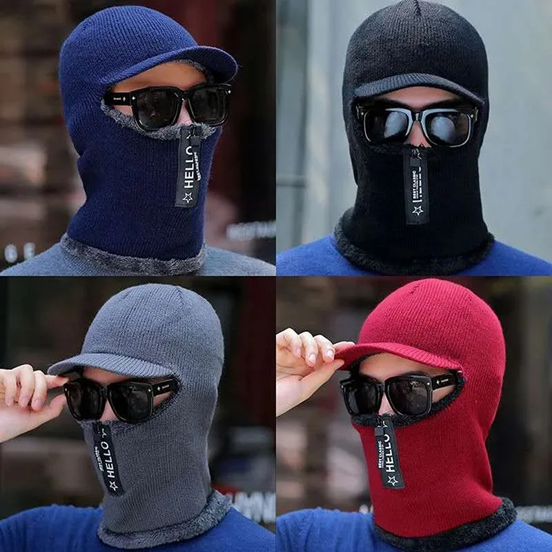 

Men Winter Knitted Hat With Zipper Outdoor Face Ear Protection Warm Thick Bicycle Cap Scarf Windproof Visors Cap Balaclava Cap