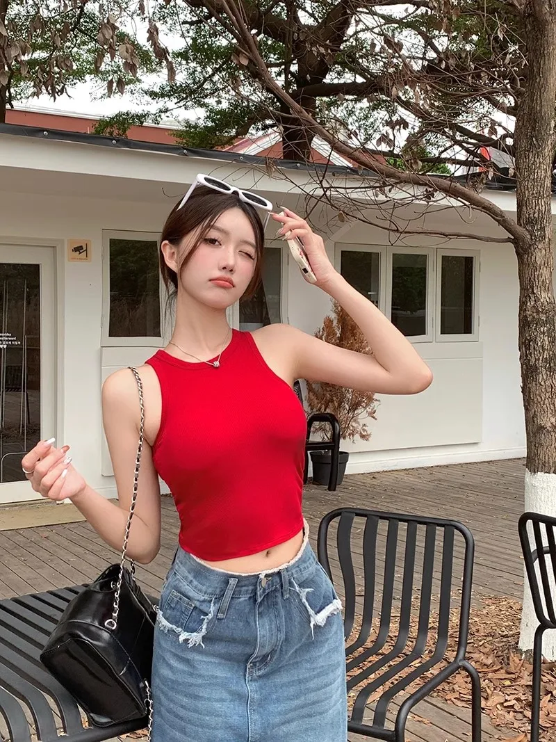 Осенняя новая красная майка для женщин облегающий жилет без рукавов пикантных