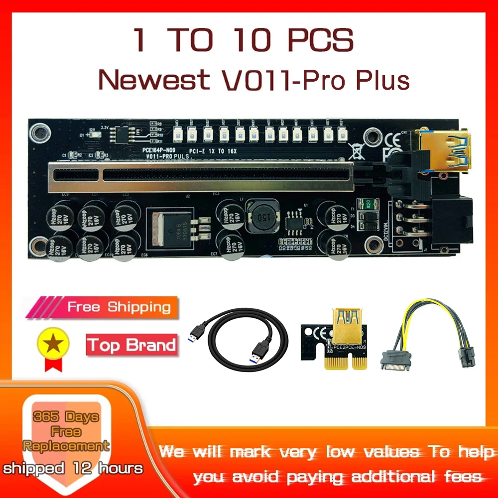 

1-10PCS PCIE Riser for Video Card Riser VER011 Pro Plus Riser PCI Express 16X USB3.0 Cable SATA to 6Pin For Bitcoin Miner Mining