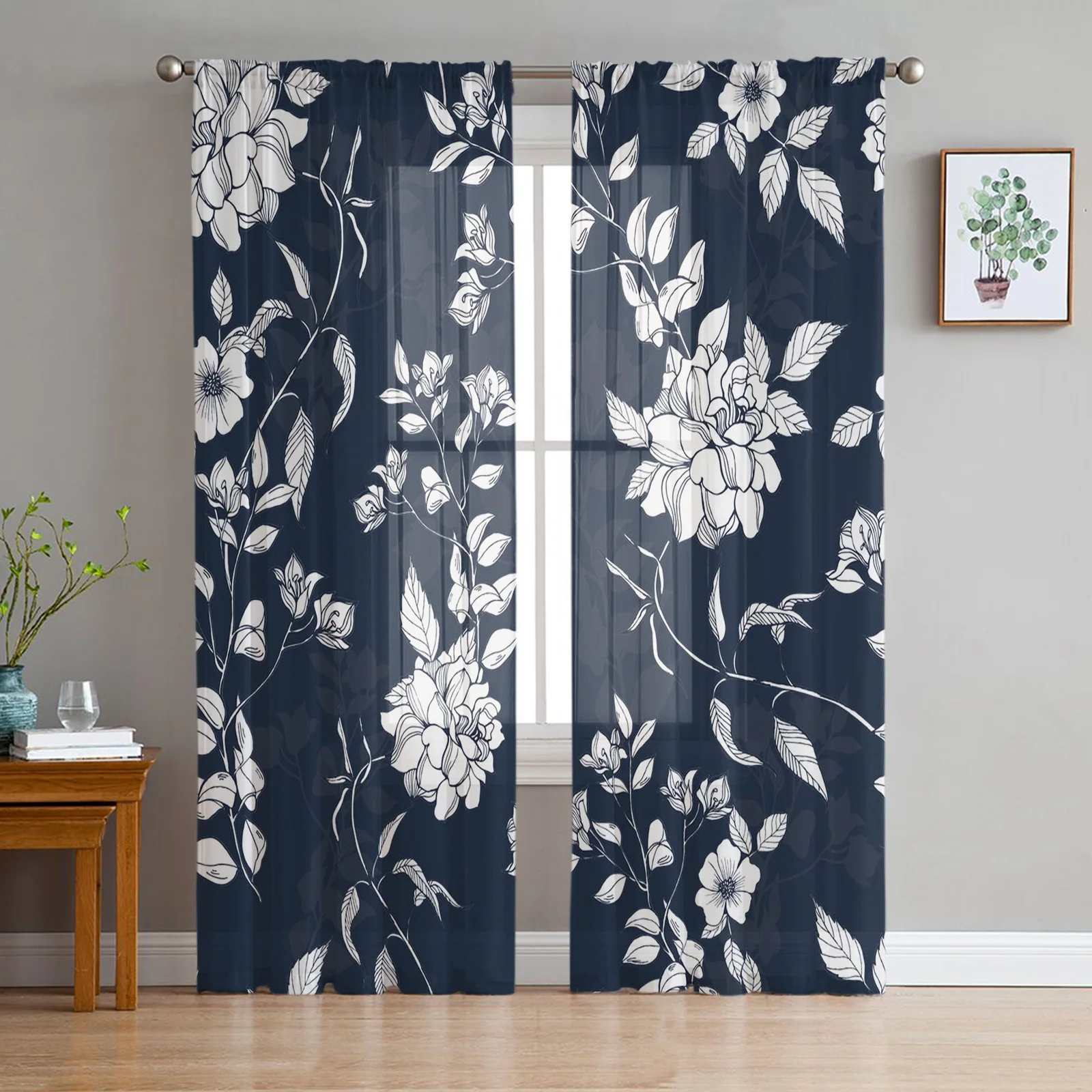 

White Flowers Leaves Branches Plant Sheer Curtains for Living Room Bedroom Decoration Window Voiles Morning Tulle Curtain