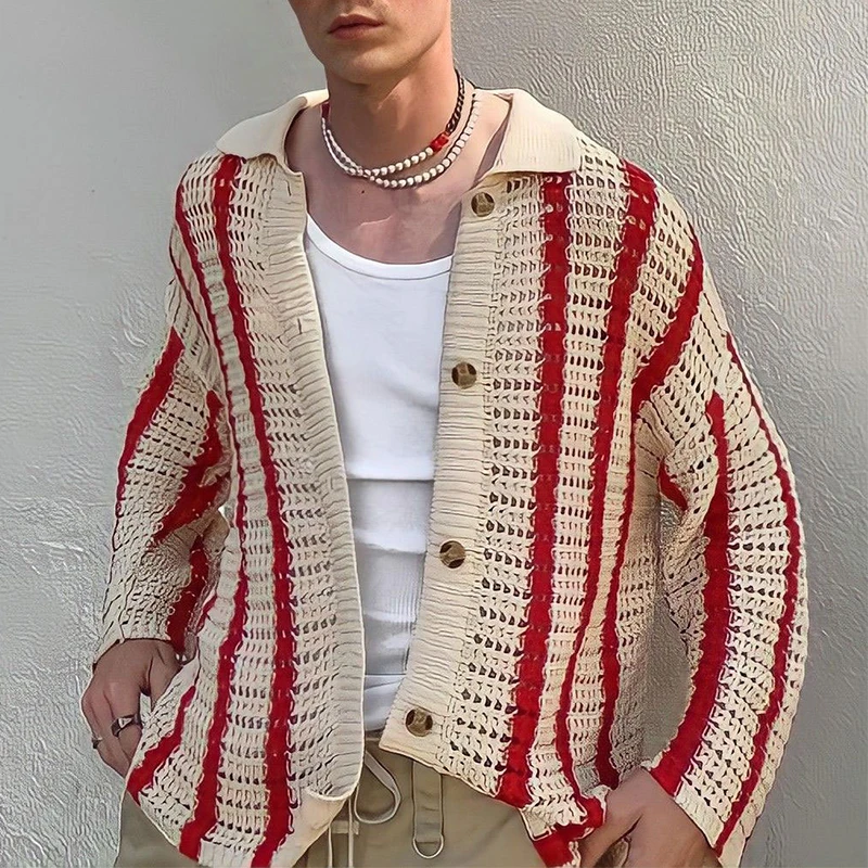 

Button-down Spring Knitted For Lapel Jacquard Vintage Fashion Men 2022 Autumn Trend Tops Striped Shirts Cardigan Shirt Mens Knit