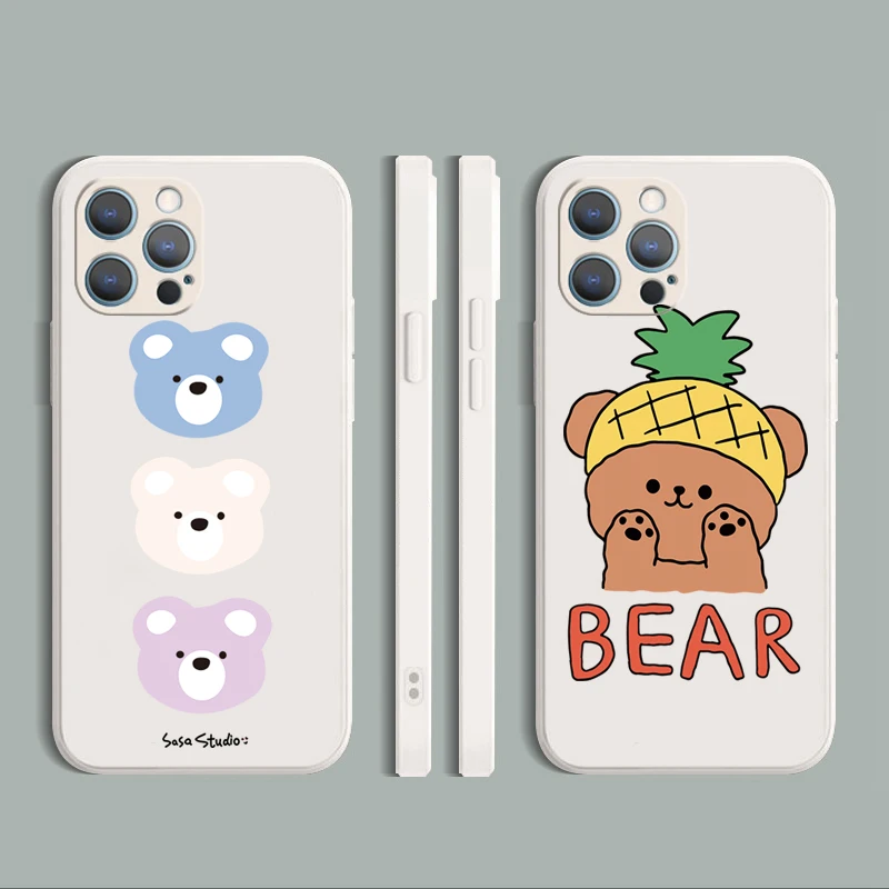 

For iPhone 13 12 Mini 11 Pro Max XS XR X 7 8 Plus SE 2020 Case Pineapple Bear Straight Edge Silicone Protective Cover