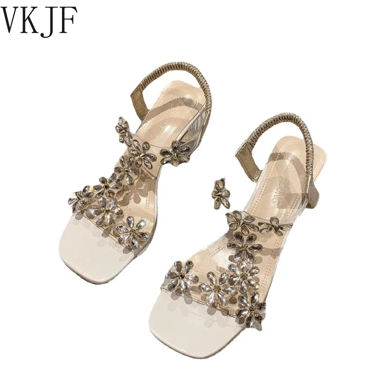 

Rhinestone sandals tide 2022 new female summer crystal thick heel fashion mid-heel transparent high heels ladies sandals
