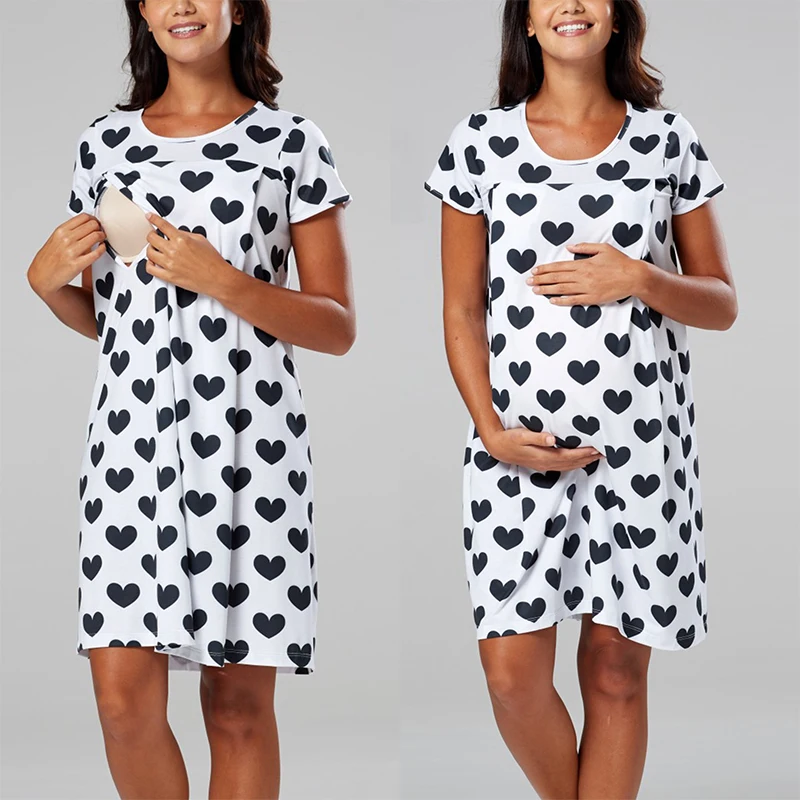 

Maternity Dress For Women Breastfeeding With Hidden Side Openings Short Sleeve Nursing Clothes Suitable For Childbirth Hospital