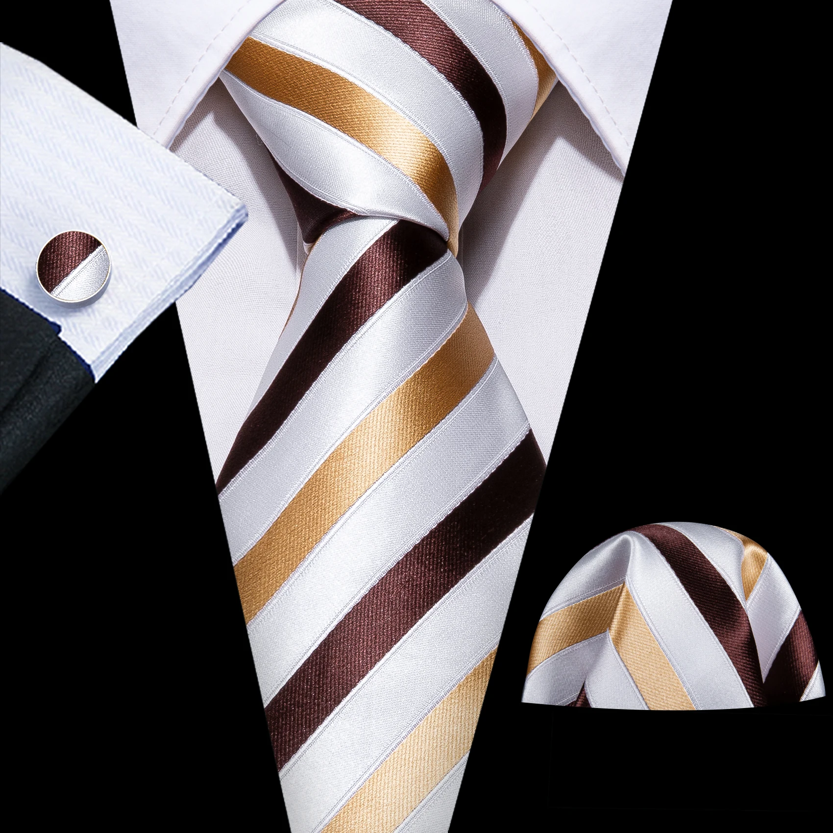 Fashion Khaki Striped Men Silk Necktie Fahsion Brooches Men Tie Handkerchief Cufflinks Sets Men Gifts Barry.Wang Designer