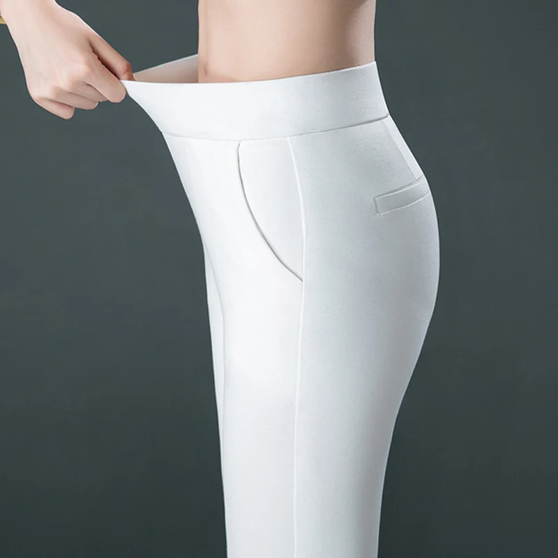 New Spring Autumn Women Elasticity Bell Bottom Pants Woman High Waist Elegant Flare Pants Ladies Full Length Trousers White