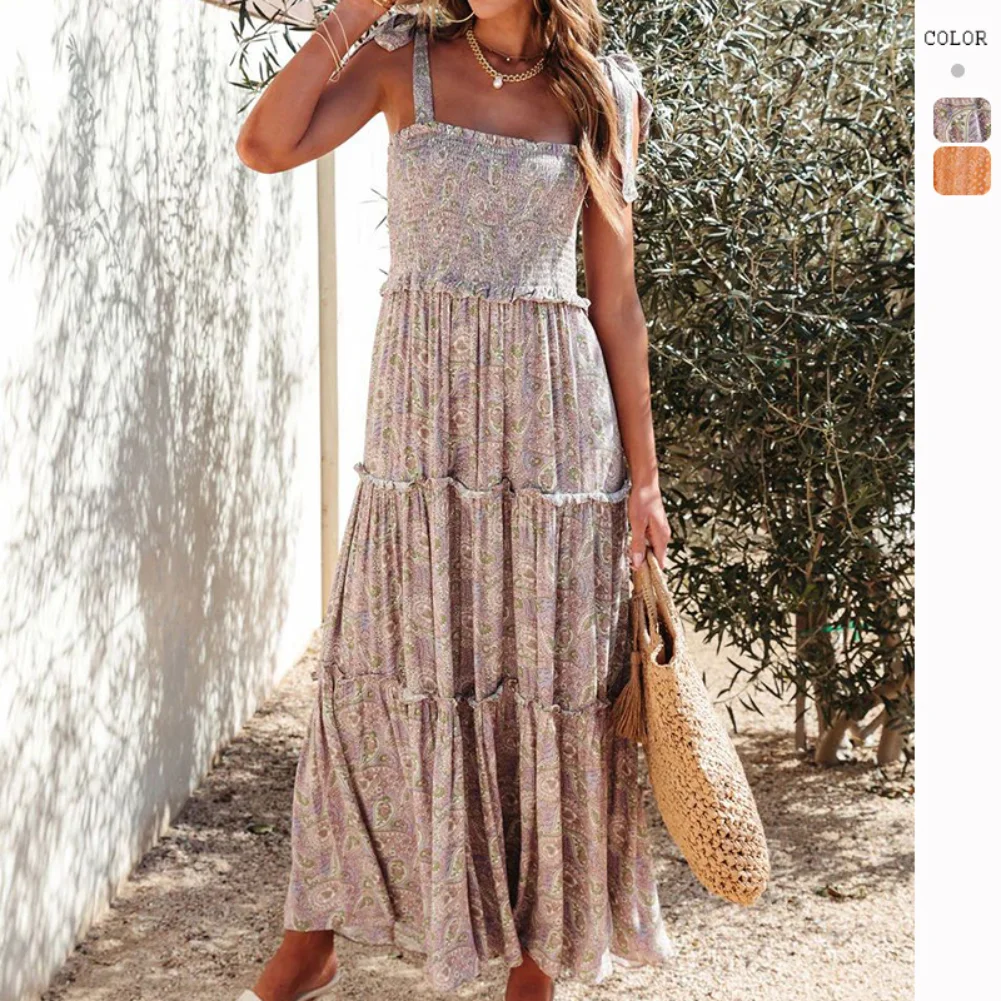 

Casual Fashion Halter Dress 2023 Summer New Loose Straps Sexy Floral Sleeveless Backless Women Dresses Daily Comfortable Wear