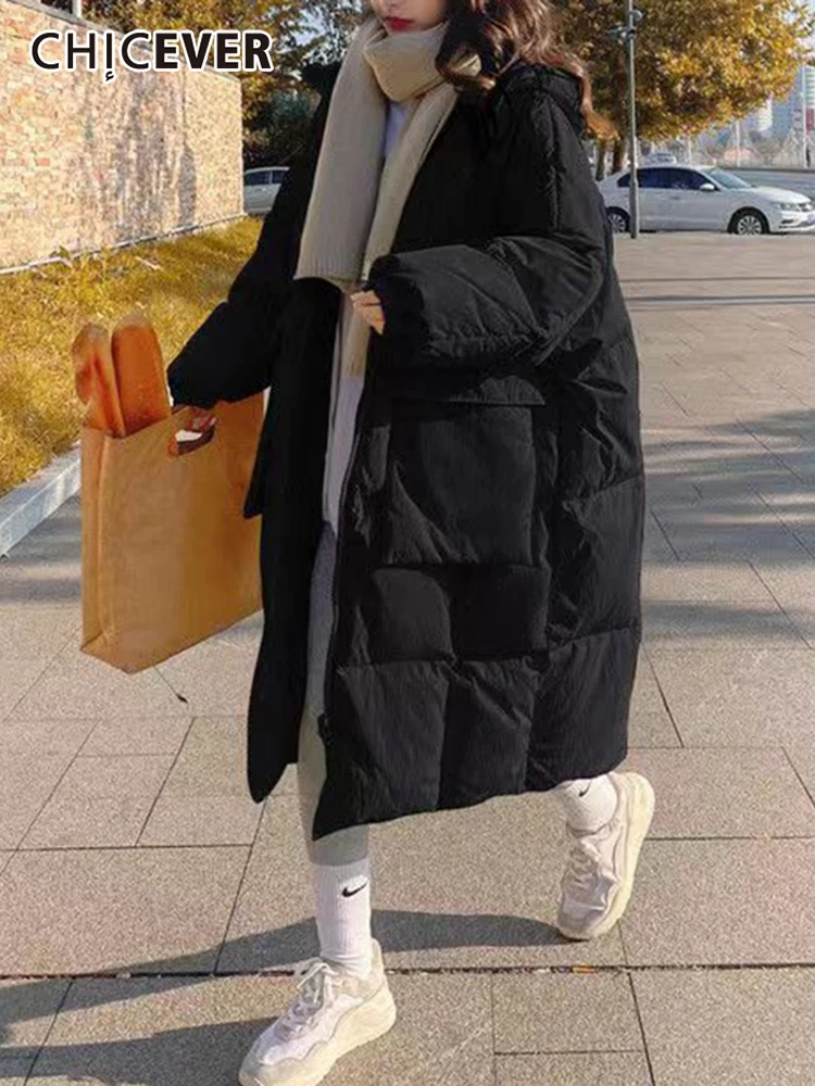 

CHICEVER Minimalist Winter Coats For Women Hodded Long Sleeve Patchwork Pocket Caual Loose Down Coat Female Autumn Clothing 2022