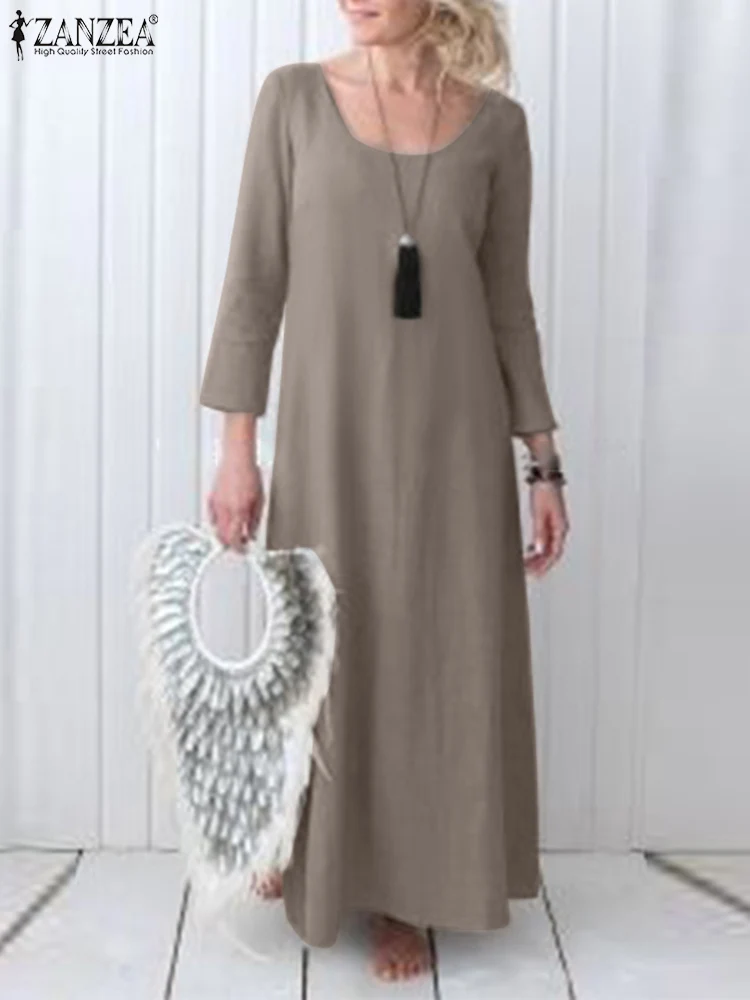 

Элегантное женское платье ZANZEA, Осеннее однотонное платье до середины икры с рукавом 3/4 и круглым вырезом, стильное винтажное свободное офис...