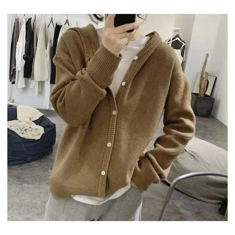 

Cardigan 2023 Spring and Autumn New Knitted Cardigan Jacket Women Hooded Sweater Bottom Outer Wear Design Cardigan Sweater Tops