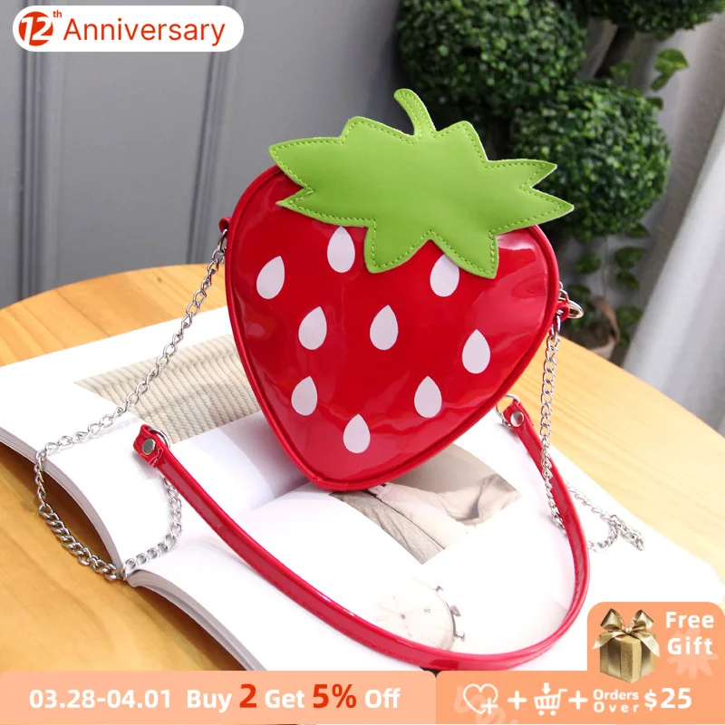 

Lovely Children PU Leather Small Shoulder Bag Kindergarten Girls Cartoon Strawberry Coin Purse Fashion Chain Kids Crossbody Bags