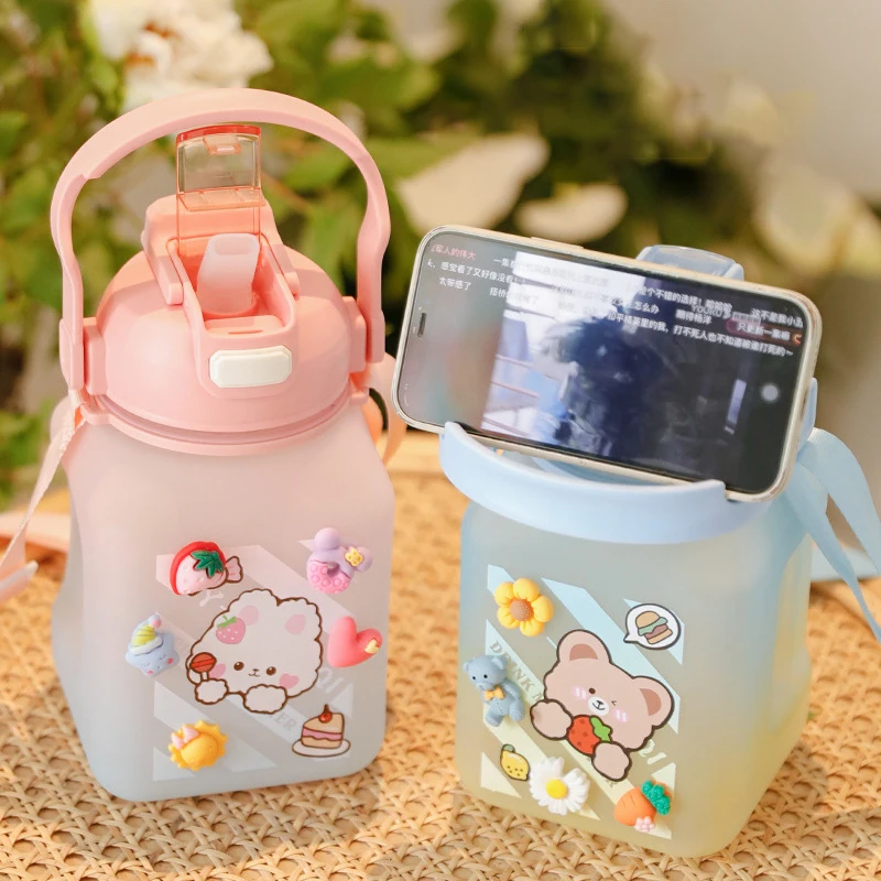 

1200-1500ML Cute Girls Water Bottle with Stickers Straw Big Belly Cup Sports Bottle Water Jug Children Female Kettle with Strap