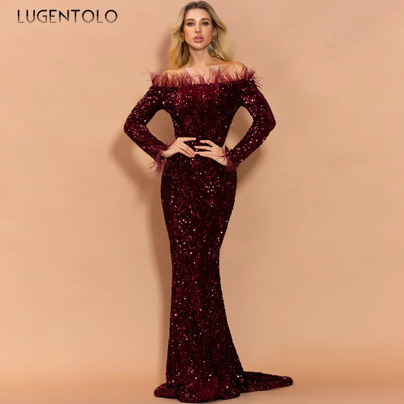 

Women Dinner Party Dress Feather Long Sleeve Temperament Sequins Trumpet Lady Solid Slash Neck High Quality New Maxi Dresses