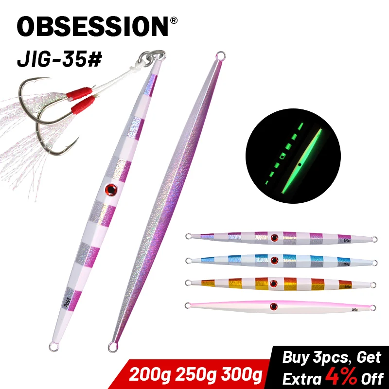 

OBSESSION 200g 250g 300g Vertical Jigging Lure 3D eyes Fishing Lures Saltwater Offshore Metal Jigs Luminous Fast Artificial Bait