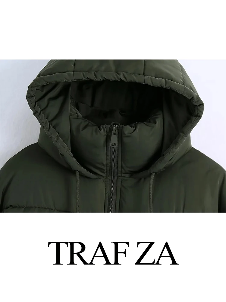 TRAF ZA Women's Winter Thick Jacket Retro Casual Jacket Solid Color Hooded Turtleneck Coat Zip Pocket Thermal Top Mujer