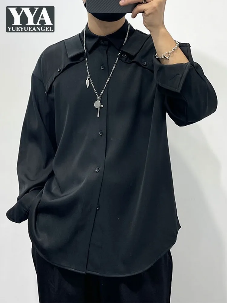 Harajuku Men Gothic Patchwork Casual Loose Fit Shirt Long Sleeve Black White Fashion Tops Streetwear Spring Autumn Shirts Man