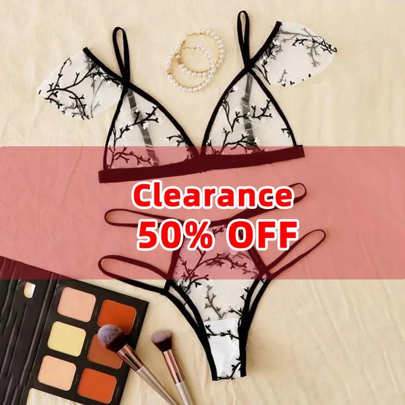 

Clearance 50% Off Sexy Lingerie Woman Embroidery Floral Underwear Sensual Lace See-through Erotic Thin Strap Bra and Thong Set