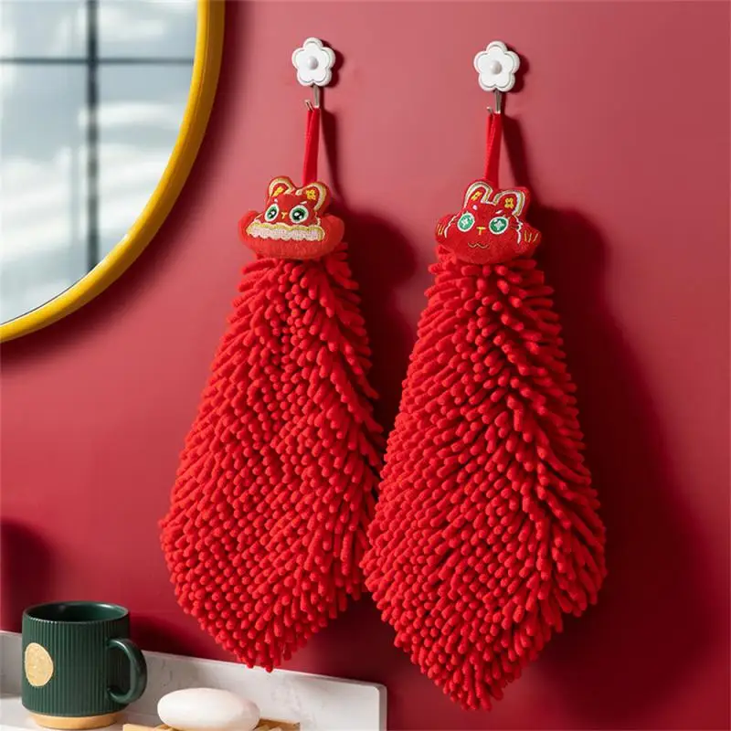 

Rabbit Year Red Chenille Soft Hand Towel Chinese Style Quick-Dry Towels Cartoon Wipe Handkerchief Home Bathroom Embroidery Towel