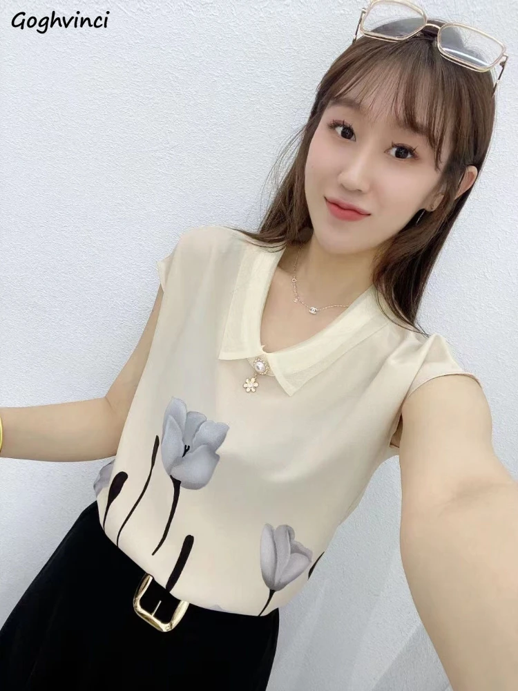 

Blouses Women Office Lady Smooth Summer Sleeveless Printed Lapel Elegant L-5XL Tops Sweet Chinese Style Gentle Delicate Popular