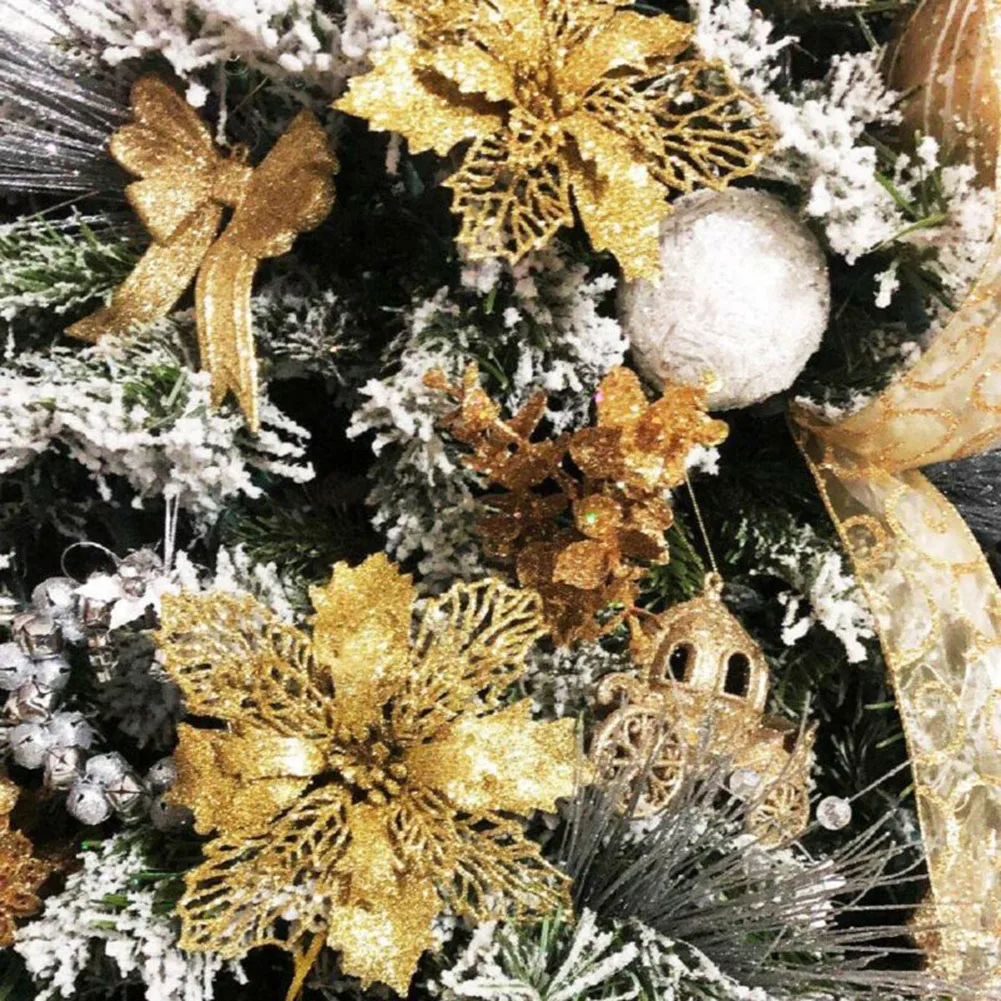 

10 Pcs Christmas Poinsettia Glitter Flower Decoration 2023 Christmas Tree Hanging Pendant For Home Holiday Decor Supplies 12cm