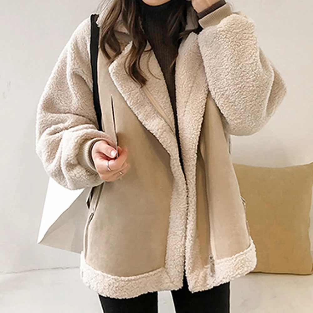 2023 New Autumn Winter Woman Faux Suede Warm Jacket Coat Vintage Lamb Wool Warm Long Sleeve Casual Loose Zipper Ladies Outerwear