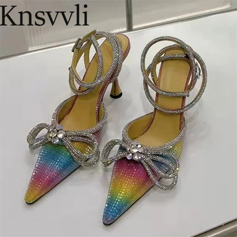 

Summer Ankle Strap Mules Shoes Women Crystal Butterfly-knot High Heels Shoes Ladies Pointy Toe Thin Heels Slingbacks Shoes Woman