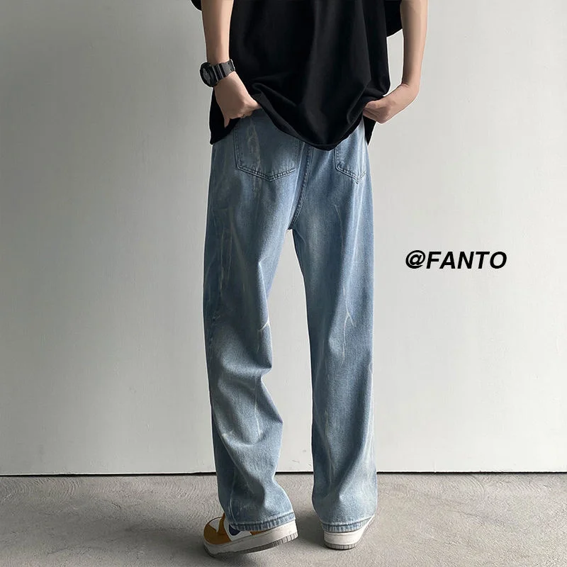 Blue Black Straight Jeans Men Fashion Retro Casual Tie Dye Jeans Men Streetwear Hip Hop Loose Denim Pants Mens Trouser S-2XL