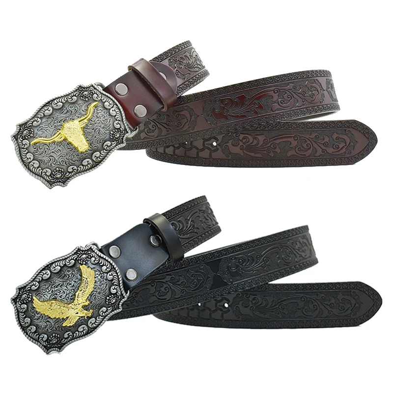 Western Flower Eagle Dragons Carved Men Leather Belt Retro Pin Buckle Men Jeans Causal Pants Belt